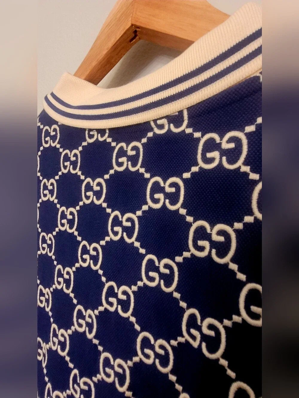 🇮🇹 Gucci Navy Blue GG 👕Jacquard Polo with Cream Collar🇮🇹